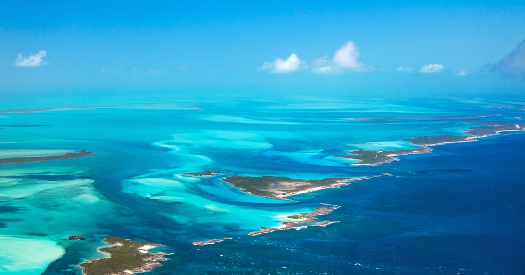 aerial image of the bahamas and exumas, lots of islands and clear blue sea