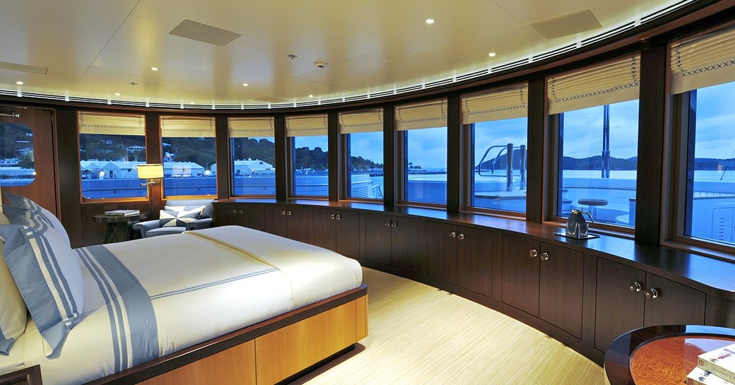 TV's master stateroom with panoramic views