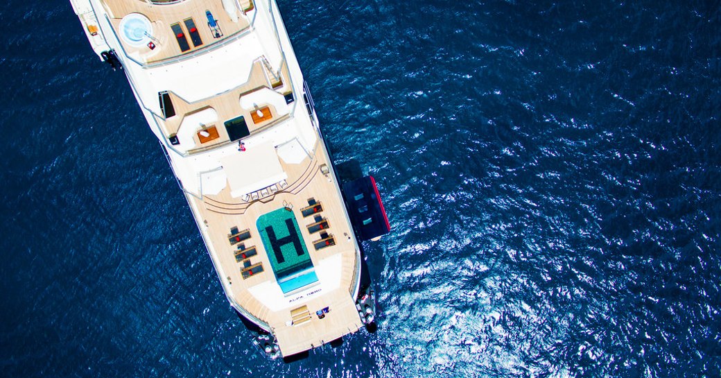 aerial view of the aft section of superyacht Alfa Nero with pool on main deck