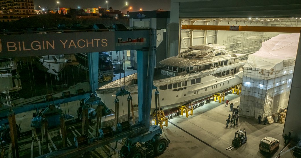 Bilgin 170 motor yacht being transported onto a crane before its technical launch