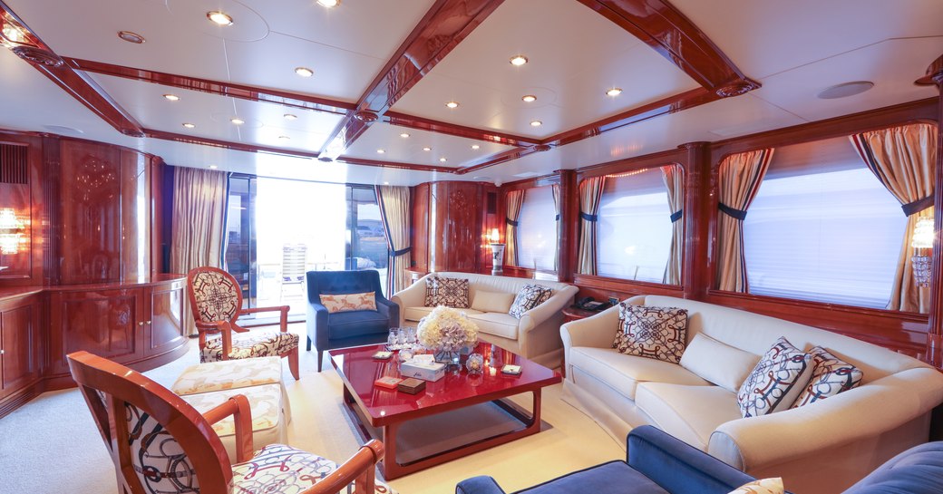 comfortable lounge in main salon of luxury yacht DXB