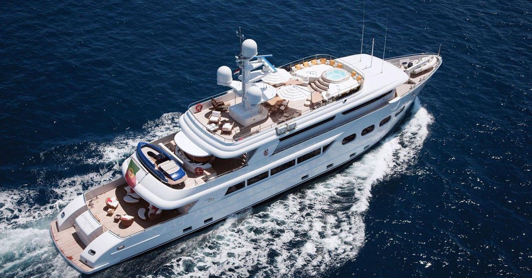 Aerial image of luxury charter yacht Baron Trenck, with three deck areas in view