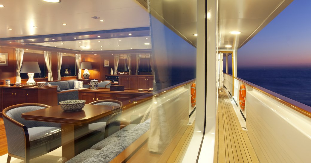 View from side deck of main salon on luxury yacht Axantha II