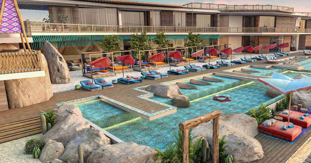 Sindalah Island rendering of beach club with large pool and many sunloungers