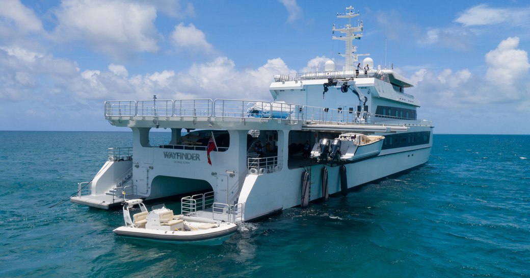 Aft view of charter yacht WAYFINDER, surrounded by sea