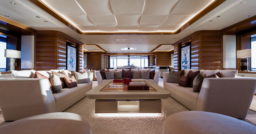 Main salon with plush seating onboard charter yacht MAR