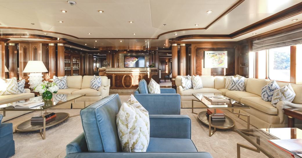 Interiors with plush furnishings onboard superyacht charter TITANIA