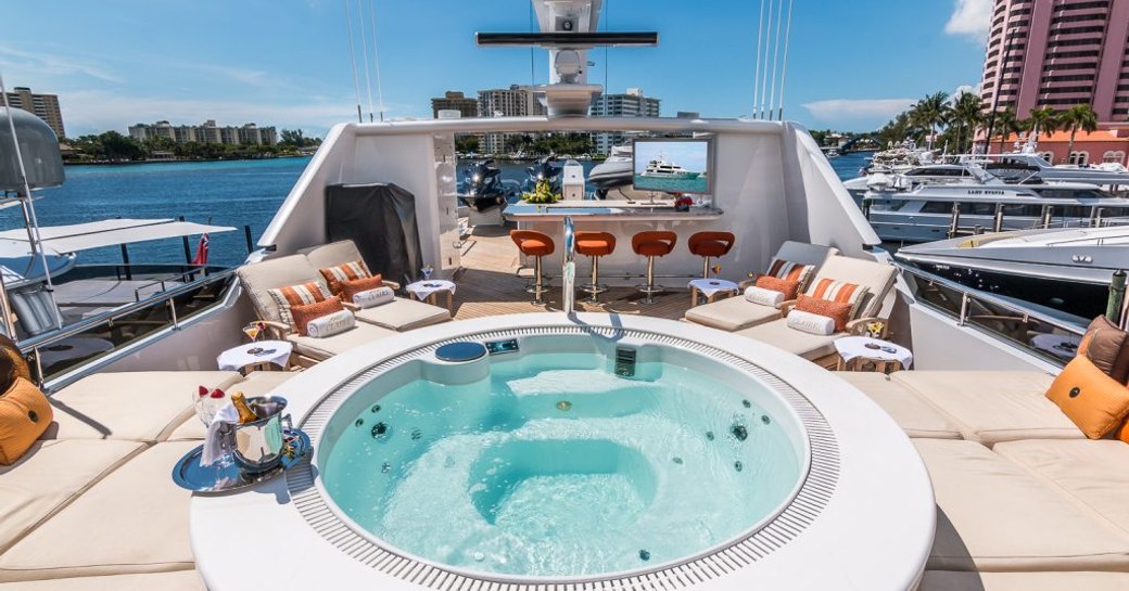 CLAIRE luxury yacht sundeck, with jacuzzi pool and sunpads