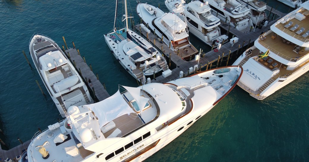 drone image of yachts at bay street marina during bahamas charter show