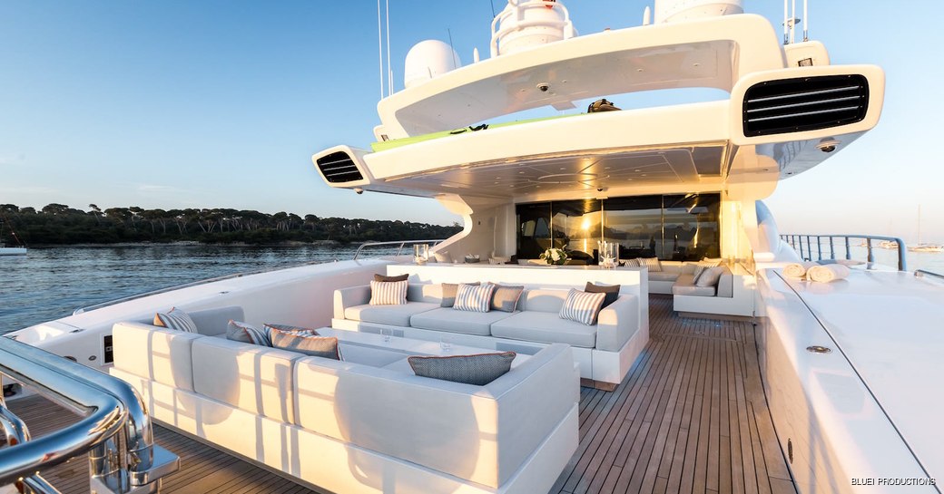 Aft dining area on board charter yacht BEACHOUSE