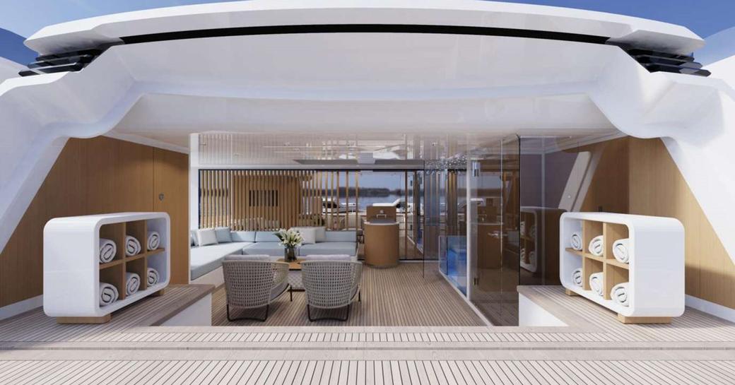 Exterior view looking into interior environment onboard charter yacht FELICITA