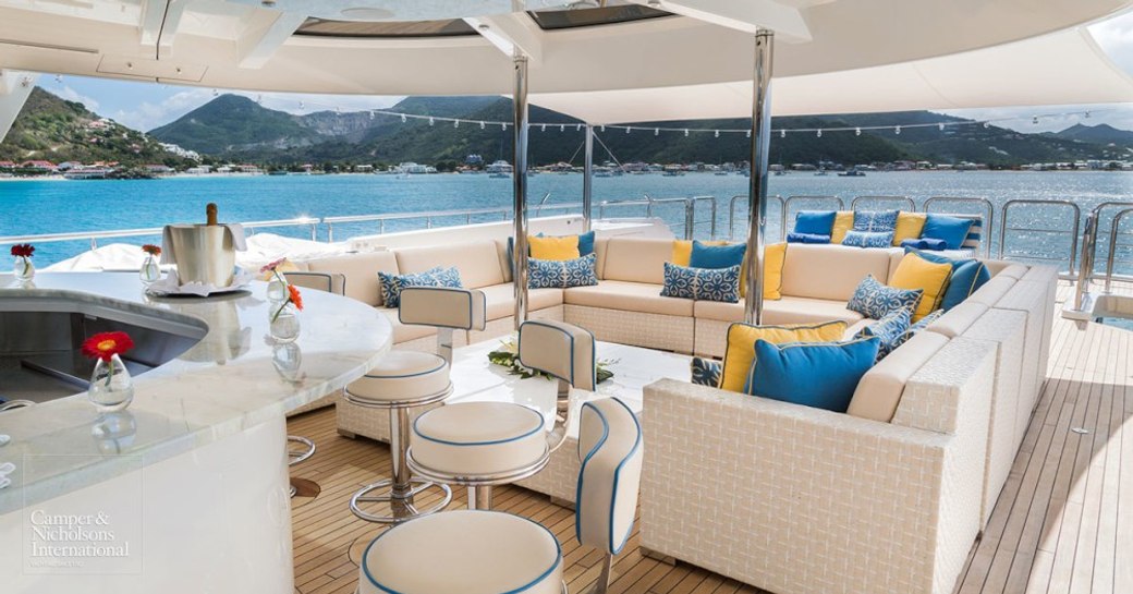 bar and shaded seating area on the sundeck of superyacht TRENDING 