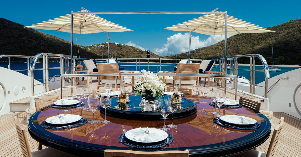 alfresco dining on sundeck aboard superyacht MEAMINA 