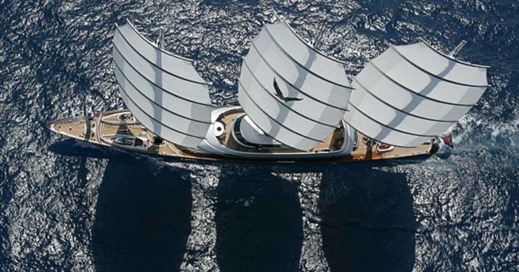 overhead view of the spectacular sailing yacht Maltese Falcon when cruising on a charter vacation