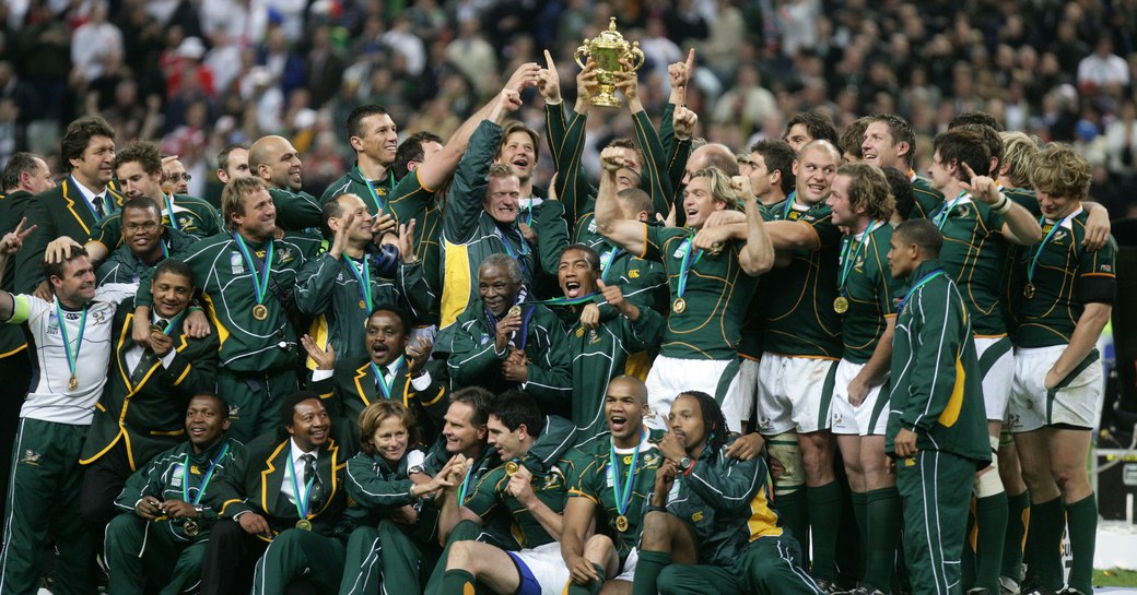  South Africa rugby on the Podium at the Rugby World Cup with the web Ellis Cup