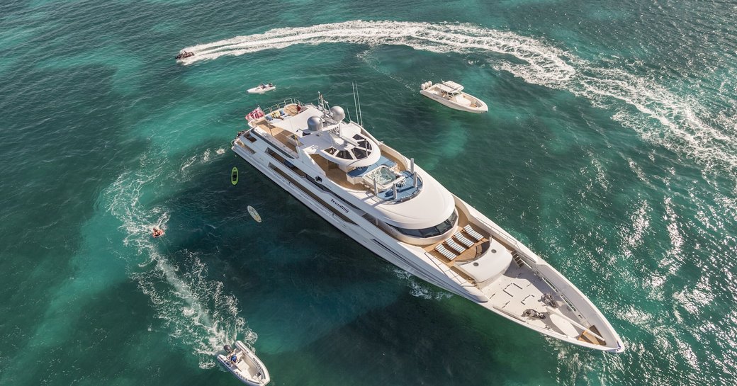 Aerial image of superyacht Trending surrounded by water toys