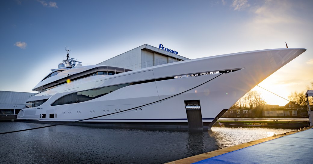 Feadship yacht ARROW outside de vries construction hall