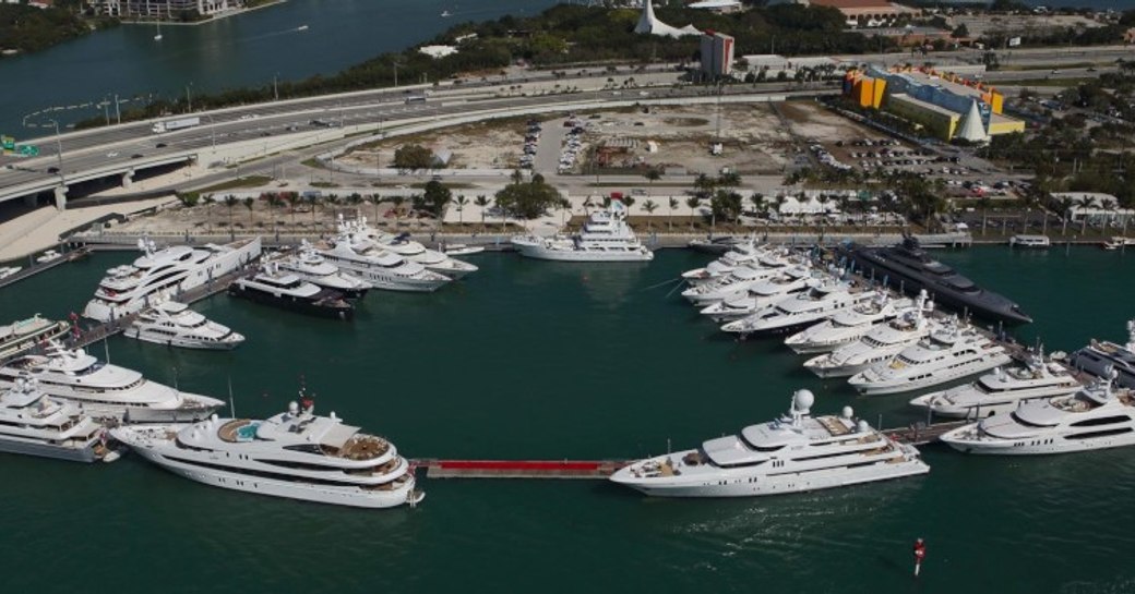 An aerial view of superyachts berthed at the Miami Yacht Show