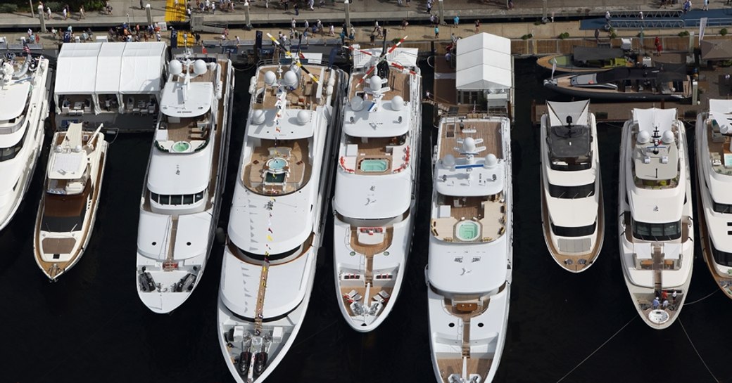 FLIBS yachts aerial shot lined up along the dock