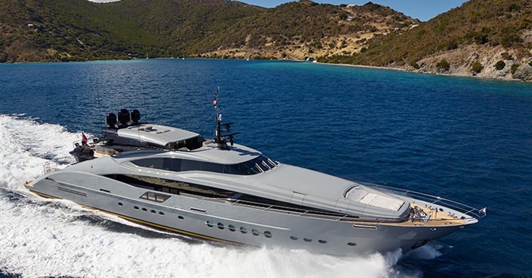 profile shot of luxury yacht grey matters while underway