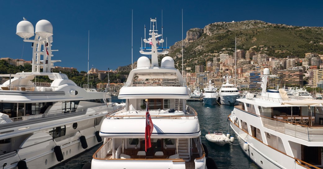 superyachts lined up in French Riviera harbour