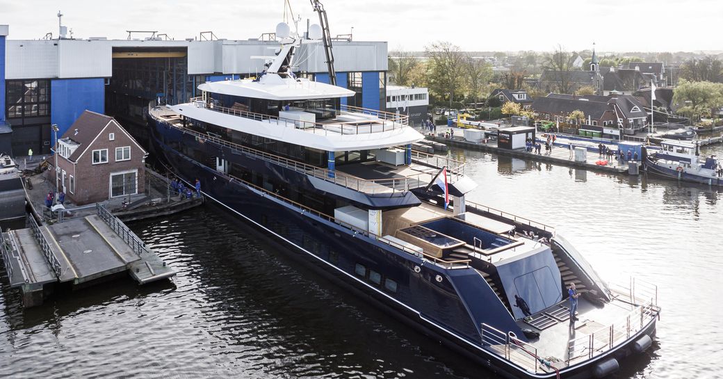 Superyacht ONE aft view at construction shed