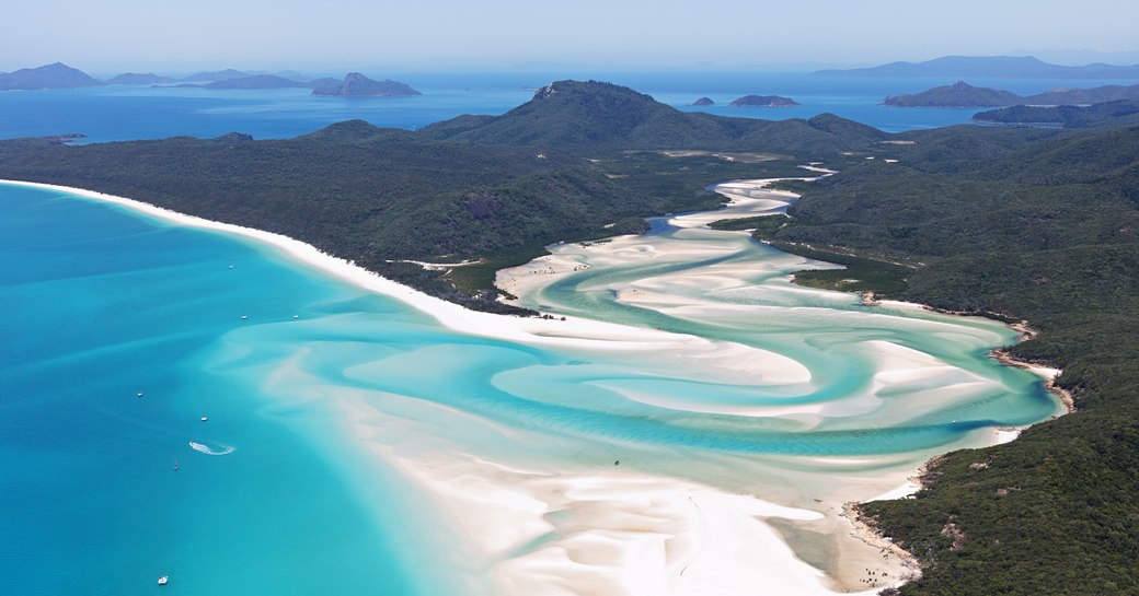 Whitsundays Islands in Australia, blue sea and sandbars as seen from above