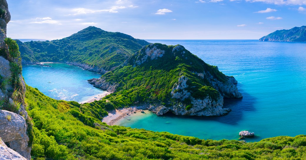 Elevated view looking down on lush green islands