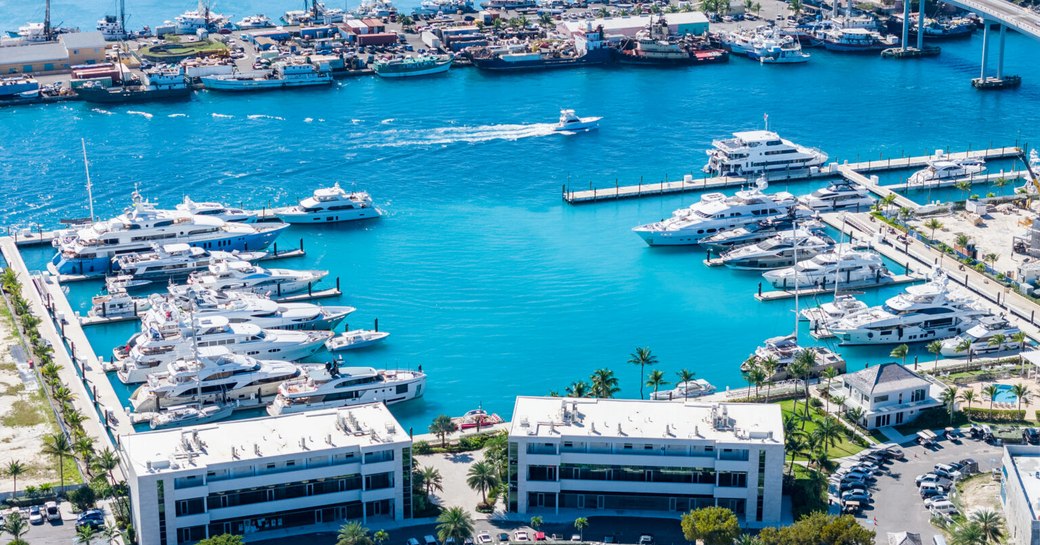 Elevated view looking down over the Hurricane Hole Superyacht Marina