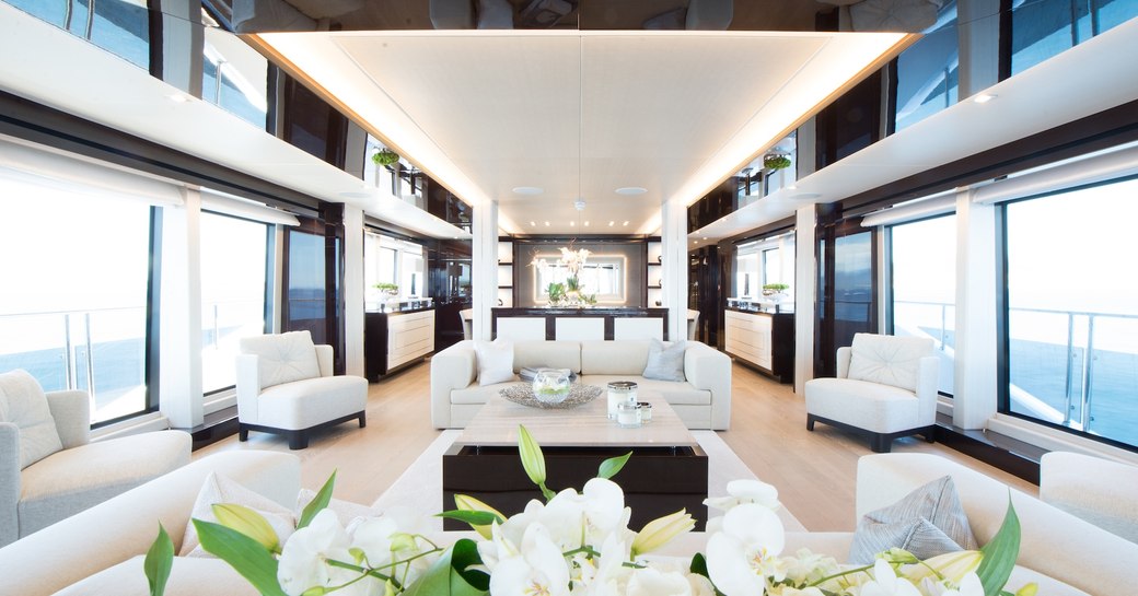 stylish formal lounge in main salon aboard superyacht JACOZAMI 