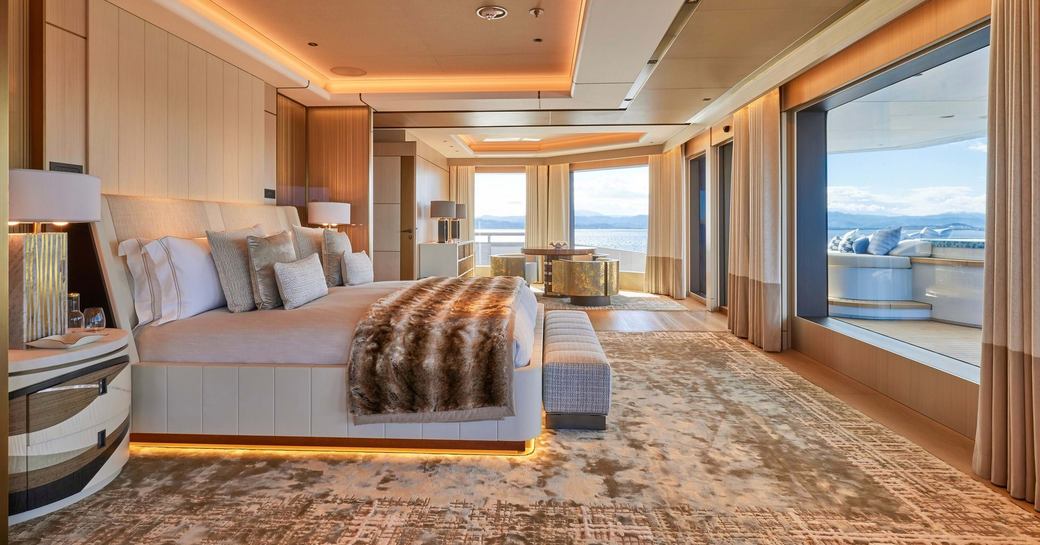 Master cabin with large windows onboard charter yacht RENAISSANCE