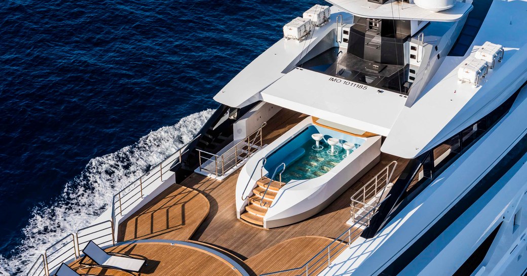 aerial view of luxury yacht suerte's sundeck swimming pool