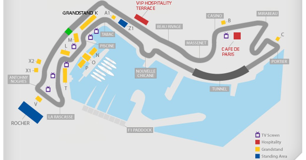A graphic which illustrates the viewing areas found around the Monaco Grand Prix race circuit