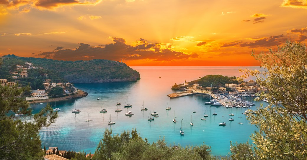 Beautiful Menorcan harbor in the Balearics at sunset