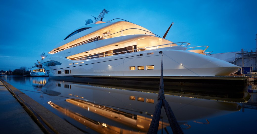 Superyacht ARROW lit up at night