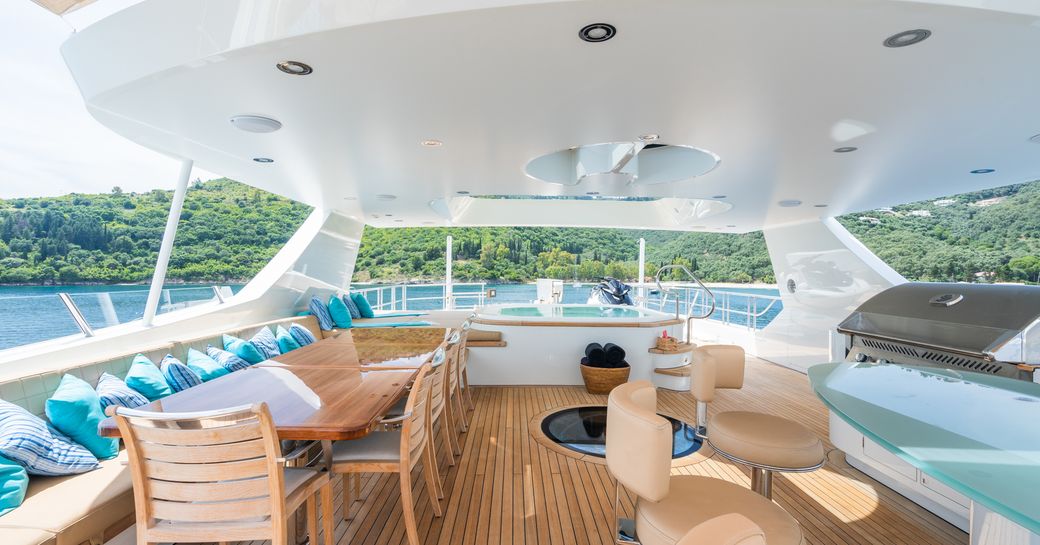 Overview of the sun deck onboard charter yacht SERENITY