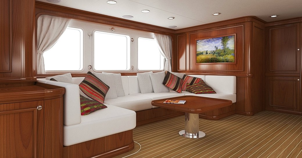 The upper salon inside motor yacht Eleni