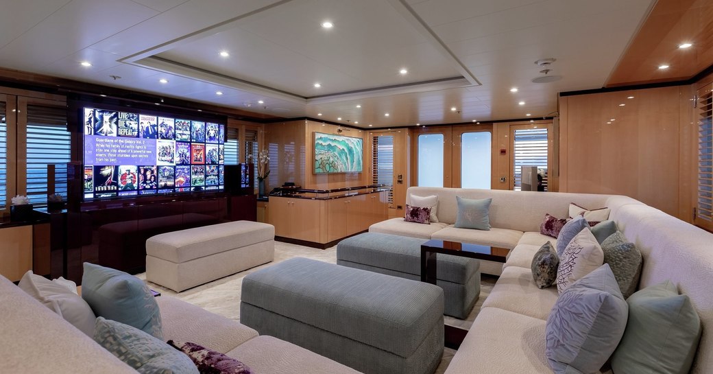 new look skylounge with huge TV screen on board motor yacht La Mirage 