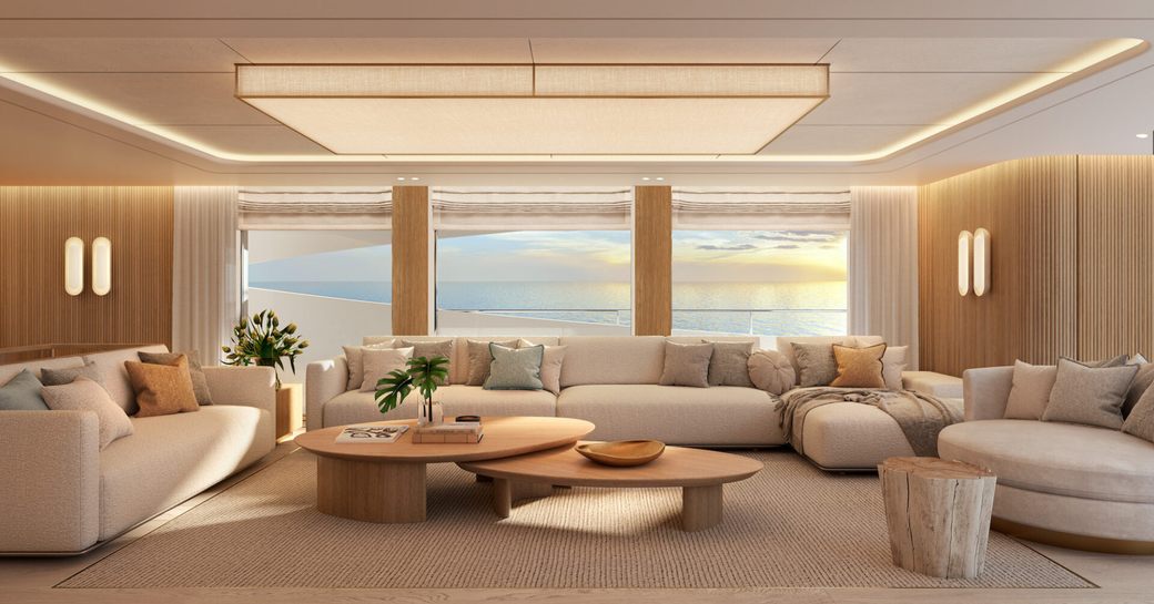 Overview of the main salon lounge onboard charter yacht SEAWOLF X with cream and natural toned furnishings 