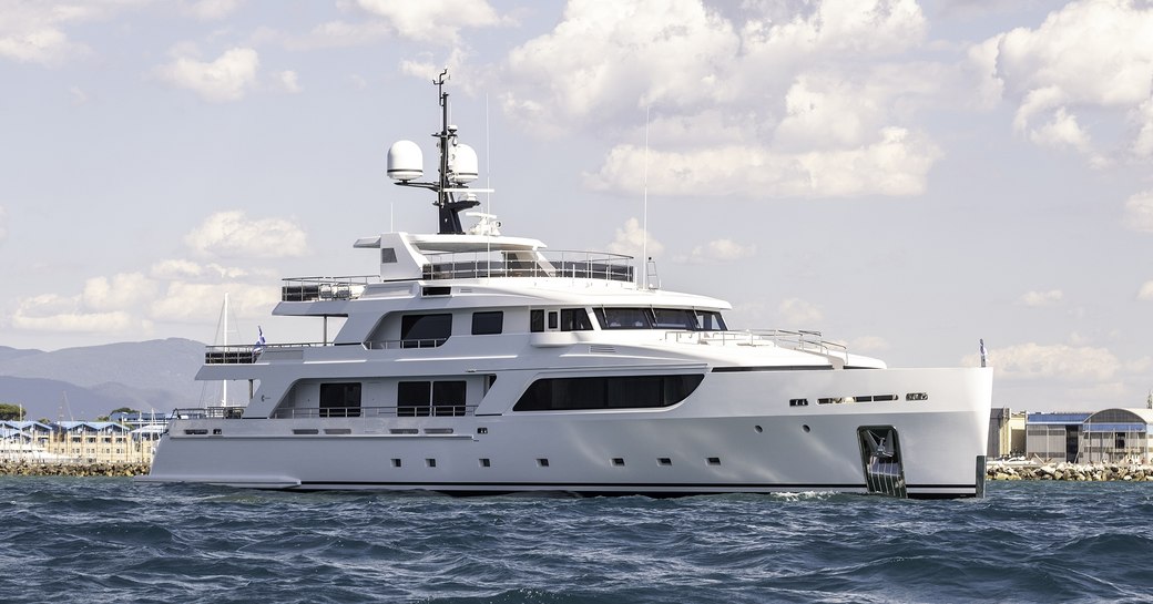 Charter yacht BOJI at anchor, surrounded by sea