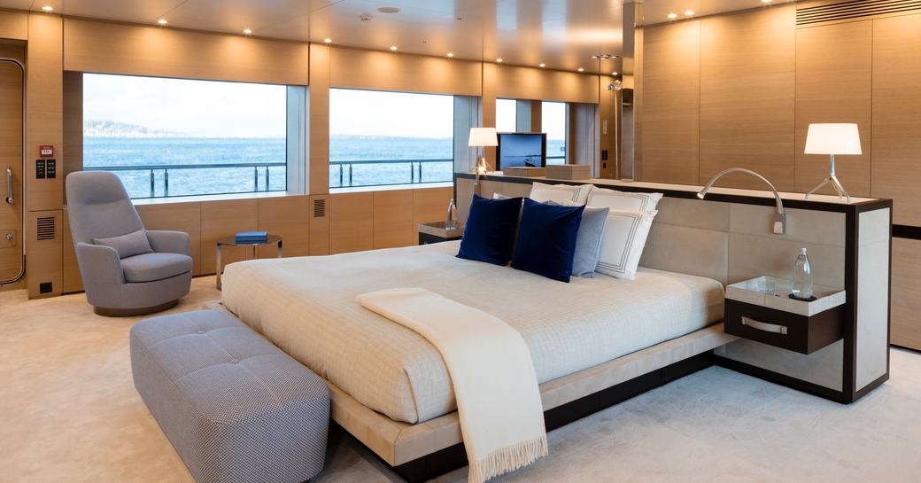 Master cabin with central berth onboard charter yacht BOLD