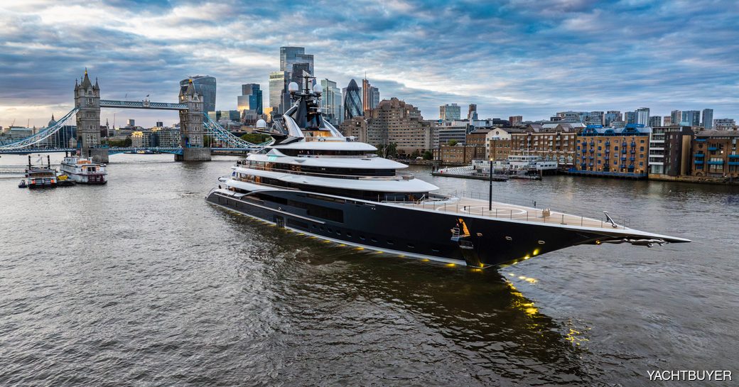 Charter yacht KISMET at anchor by St Katharine's Docks