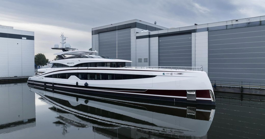 Overview of superyacht SPARTA leaving the construction shed.