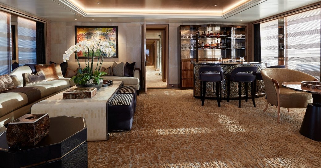 sensuous main salon with whiskey bar aboard superyacht JOY