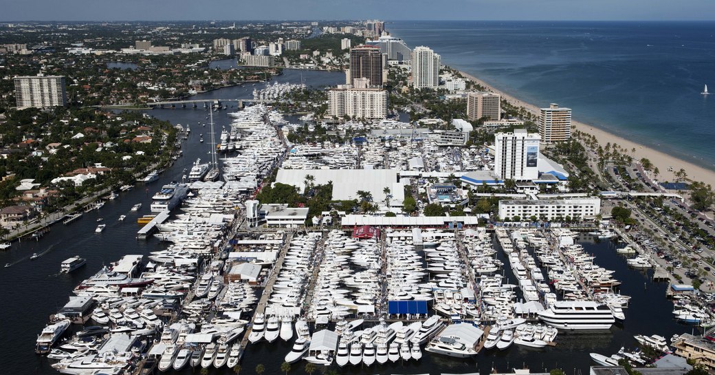 A line-up of luxury yachts at the Fort Lauderdale International Boat Show