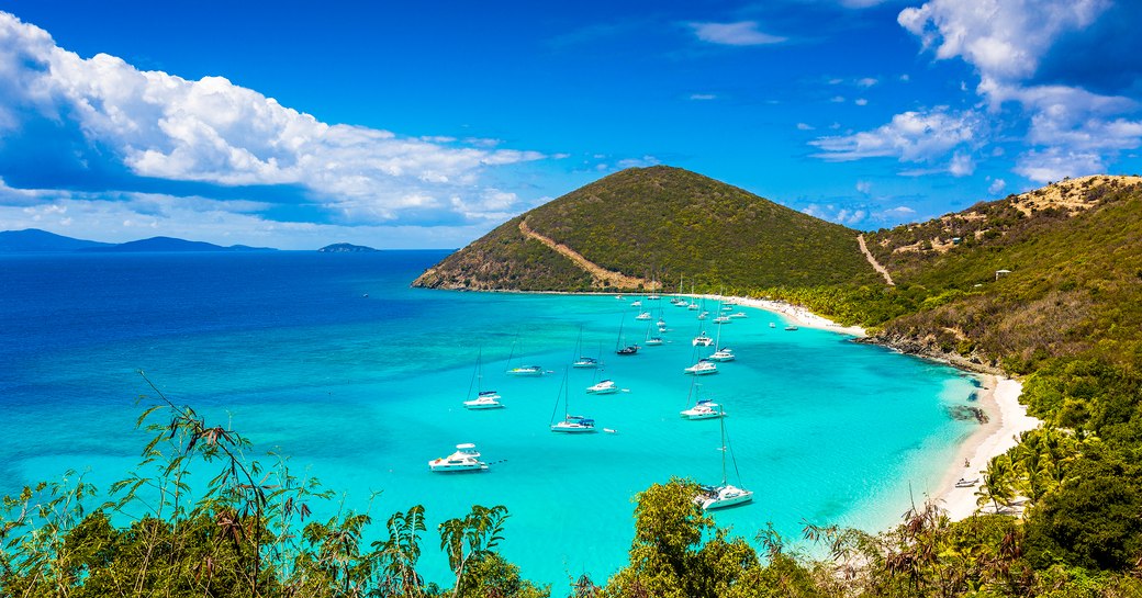 A collection of catamarans sit just off a beach in the British Virgin Islands