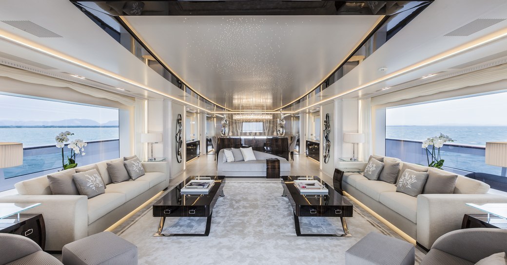 Overview of the main salon onboard charter yacht PARILLION