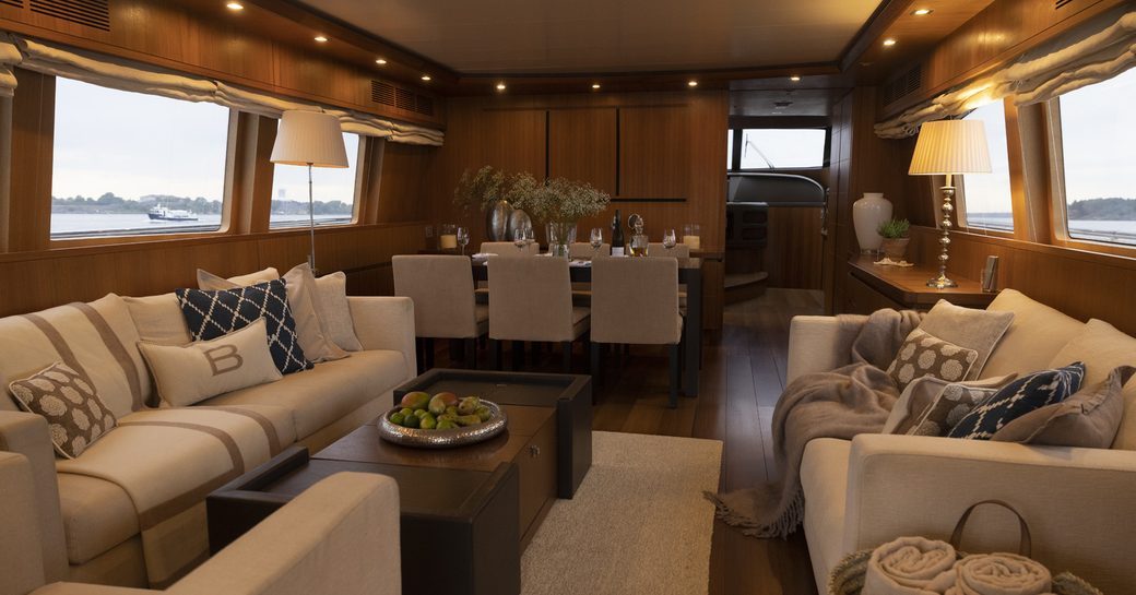 Main salon on board charter yacht XUMI