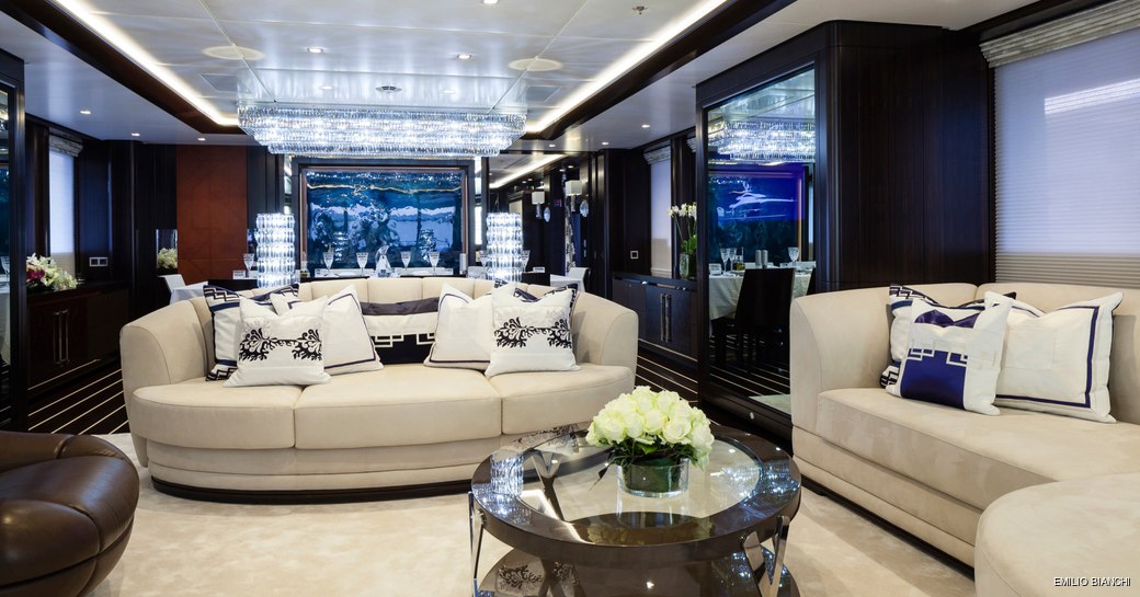 Main salon and sofa seating on luxury yacht Lady Li