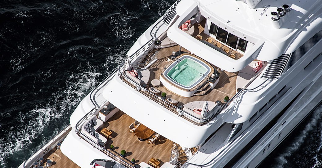 Aerial shot of luxury yacht ARETI with jacuzzi on sun deck